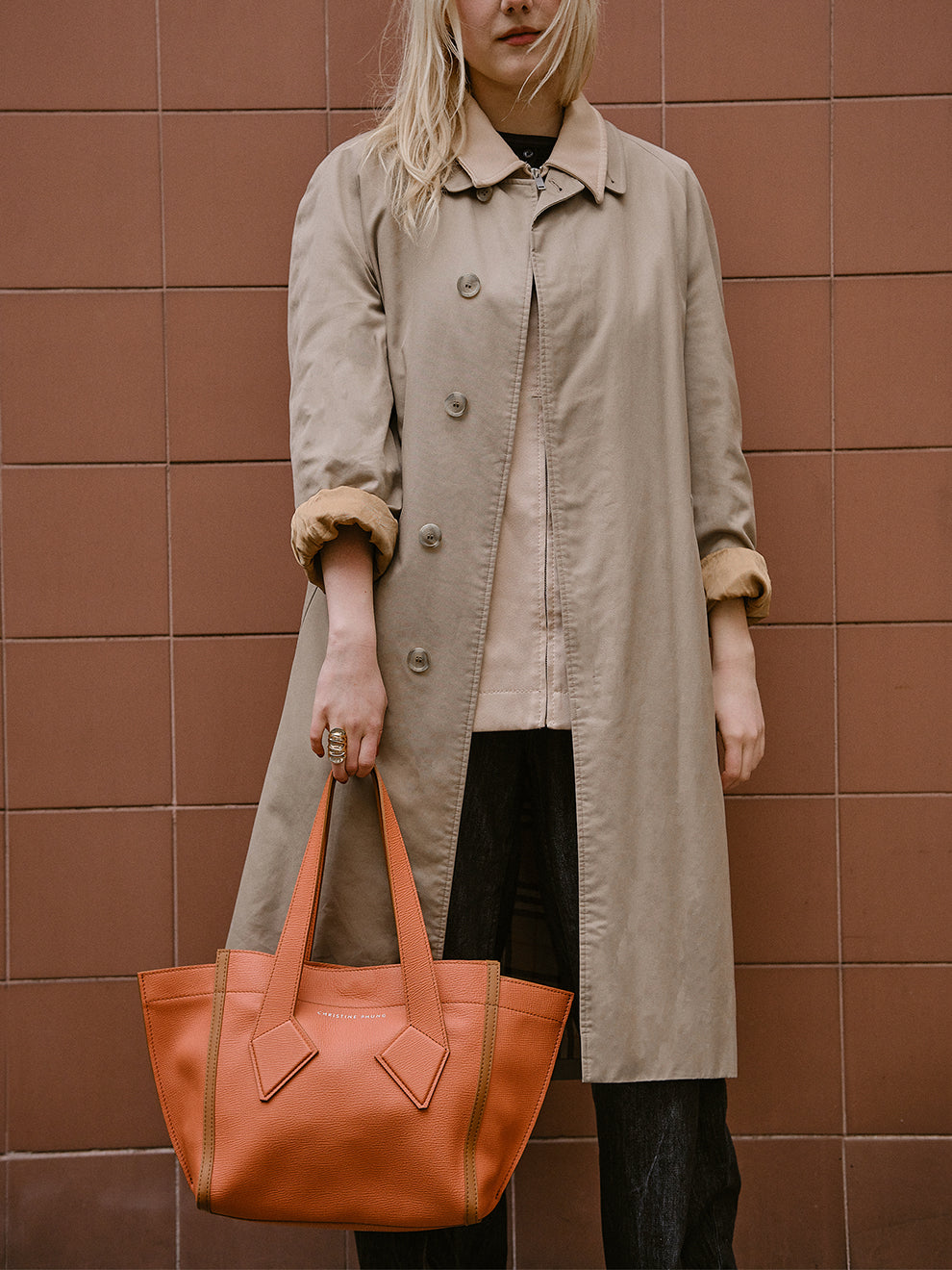Orange Leather M Tote Bag