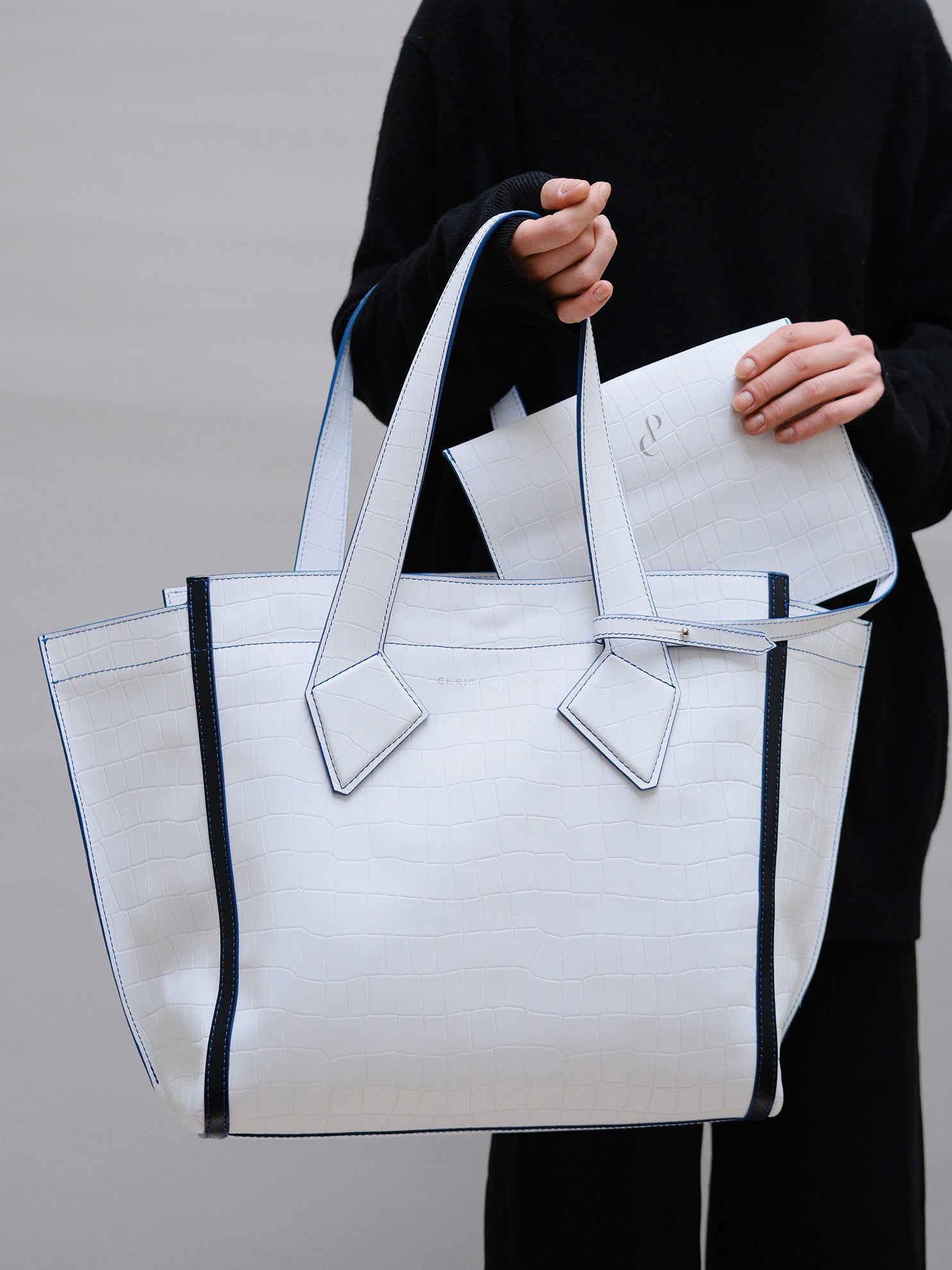 L WHITE CROCODILE CABAS