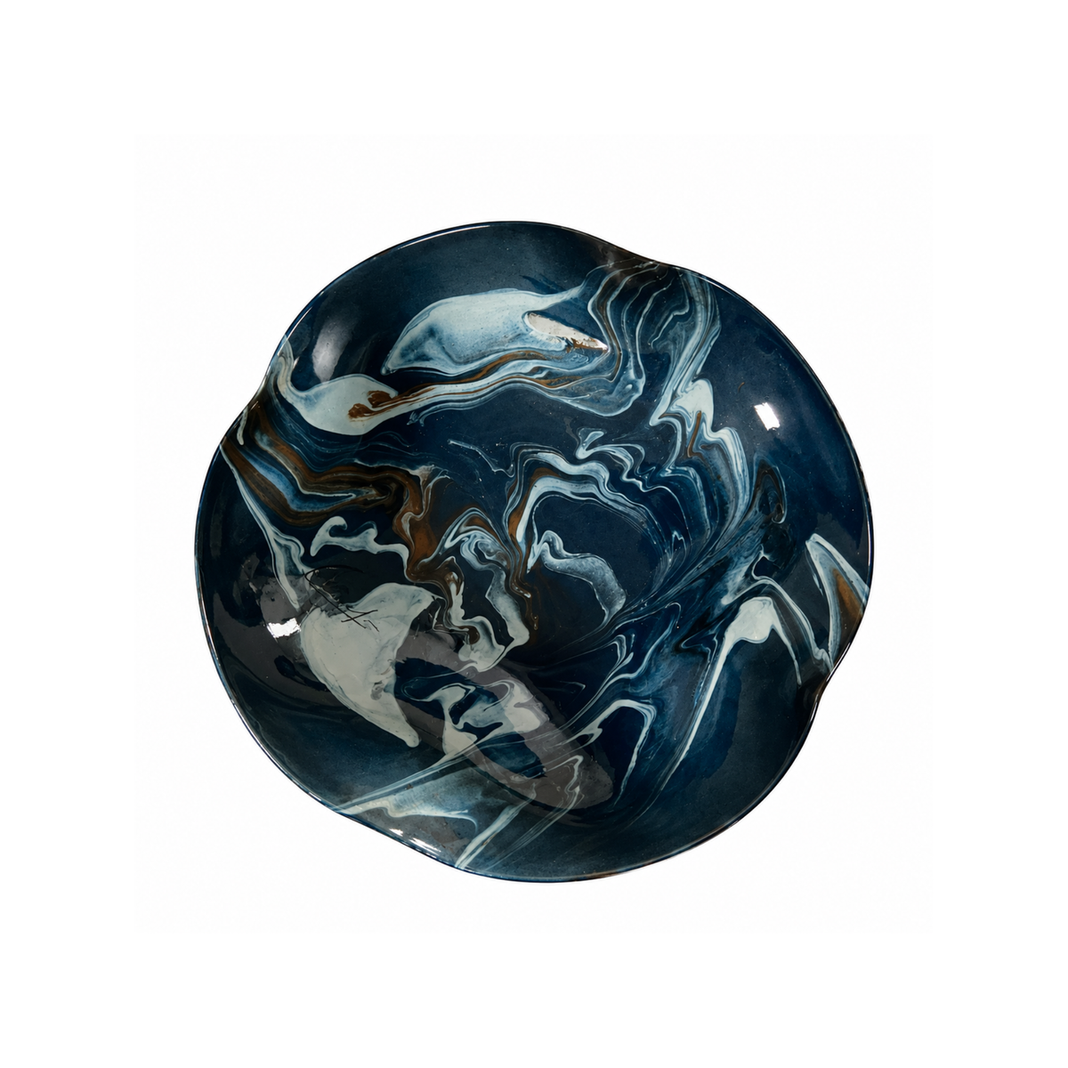 Vintage Signed Ceramic Fruit Bowl with Blue Marbled Glaze